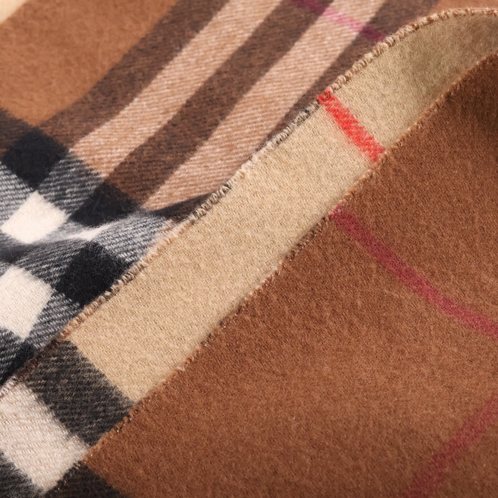 BURBERRY(バーバリー) コントラスト チェック ウール カシミヤ フリンジケープ ポンチョ ストール ベージュ レディース 8059406