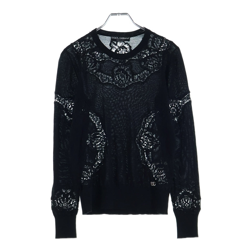 DOLCE & GABBANA(ドルチェアンドガッバーナ) フラワーレース ドッキングデザイン クルーネック ニット セーター ブラック KR FXJ31T/JEMO7 A レディース