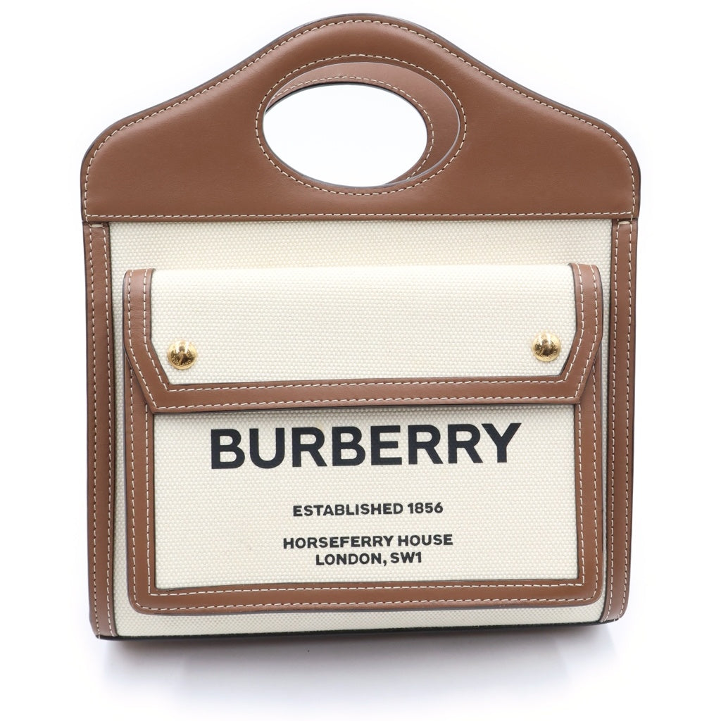 BURBERRY(バーバリー) ミニ ツートン キャンバス&レザー ポケット 2WAY ショルダー ハンドバッグ ベージュ/ブラウン 8039361 レディース
