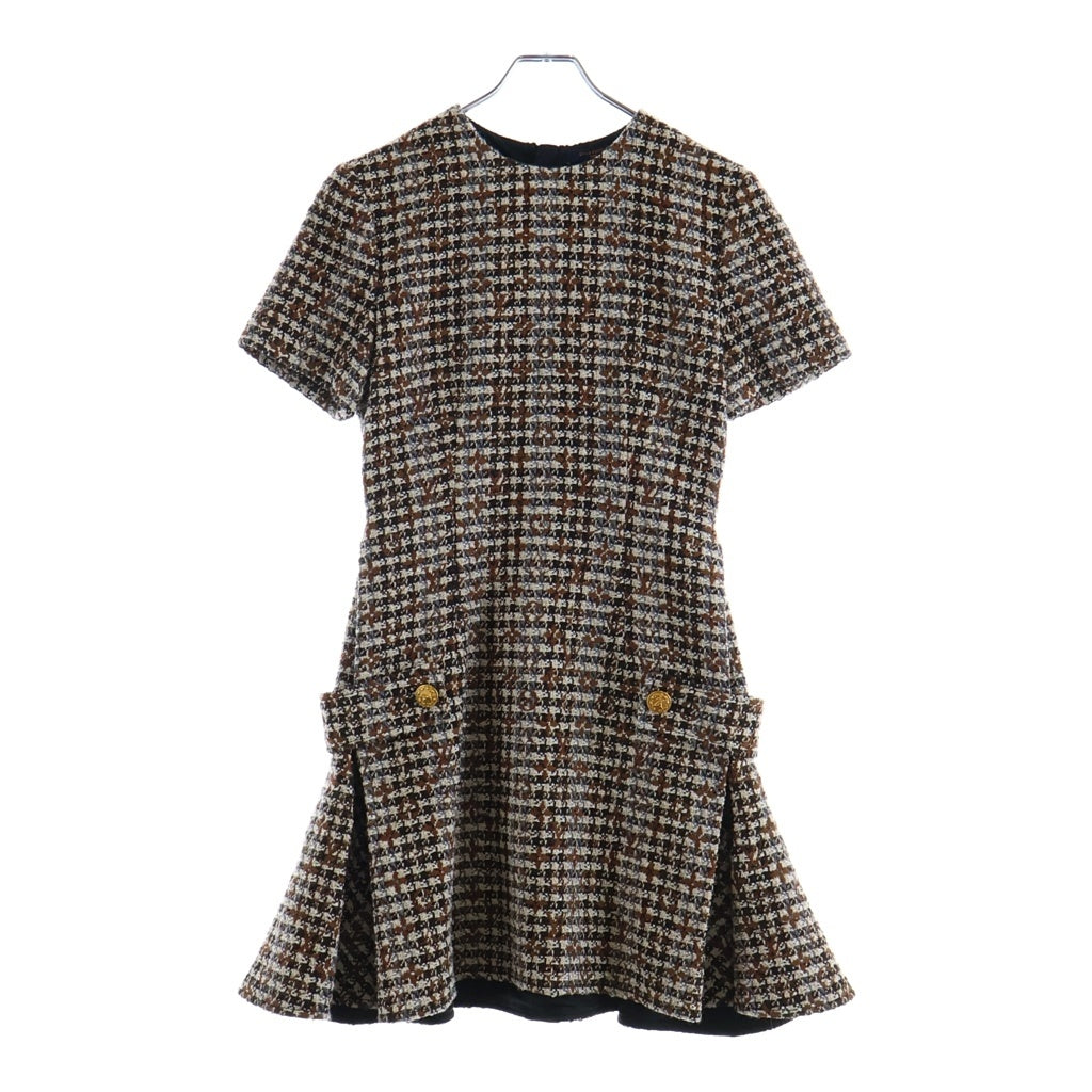 LOUIS VUITTON(ルイヴィトン) 22AW モノグラム総柄 ゴールドボタンベルトデザイン ツイード 半袖ワンピース レディース ブラウン RW222W JM9 FNDR50