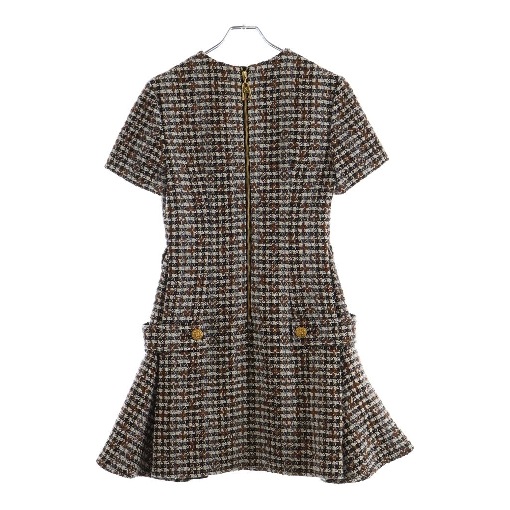LOUIS VUITTON(ルイヴィトン) 22AW モノグラム総柄 ゴールドボタンベルトデザイン ツイード 半袖ワンピース レディース ブラウン RW222W JM9 FNDR50