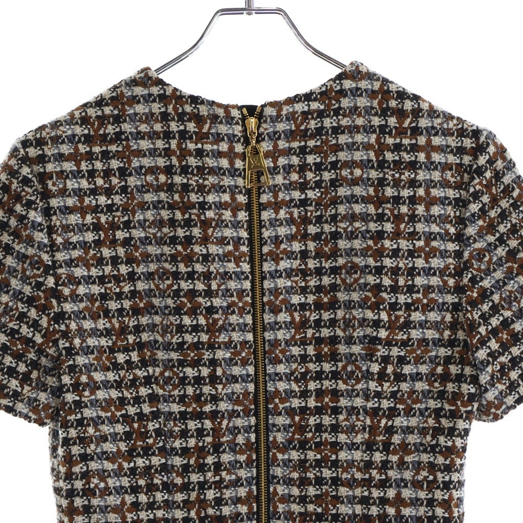 LOUIS VUITTON(ルイヴィトン) 22AW モノグラム総柄 ゴールドボタンベルトデザイン ツイード 半袖ワンピース レディース ブラウン RW222W JM9 FNDR50
