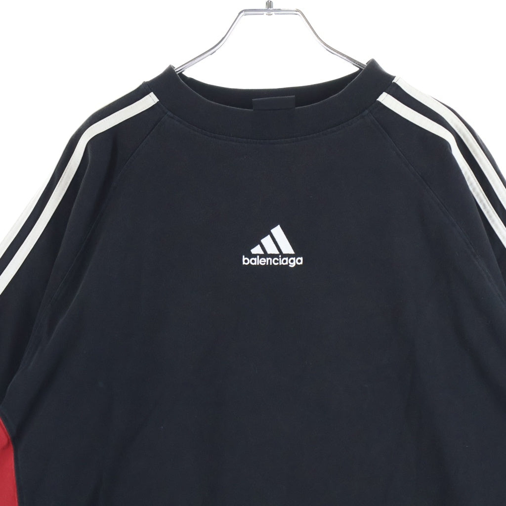 BALENCIAGA(バレンシアガ) 23SS ×adidas アディダス フロントロゴ刺繍 サイドライン コットン切替 半袖Tシャツ カットソー ブラック/レッド 712401 TNVA6