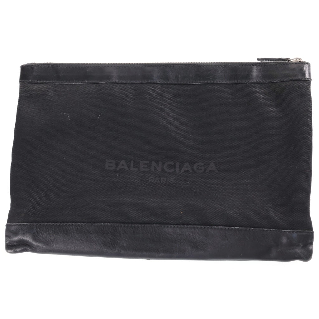 BALENCIAGA(バレンシアガ) ネイビークリップ ロゴプリント レザー キャンバス クラッチ セカンドバッグ ブラック 373840