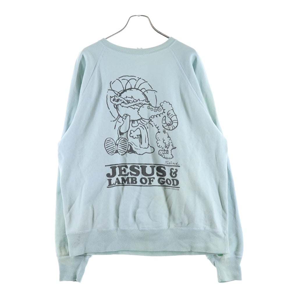 SAINT MICHAEL(セントマイケル) CRW N SWT/JESUS プリントデザイン ダメージ加工 クルーネック 長袖スウェット トレーナー ブルー SM-A23-0000-024