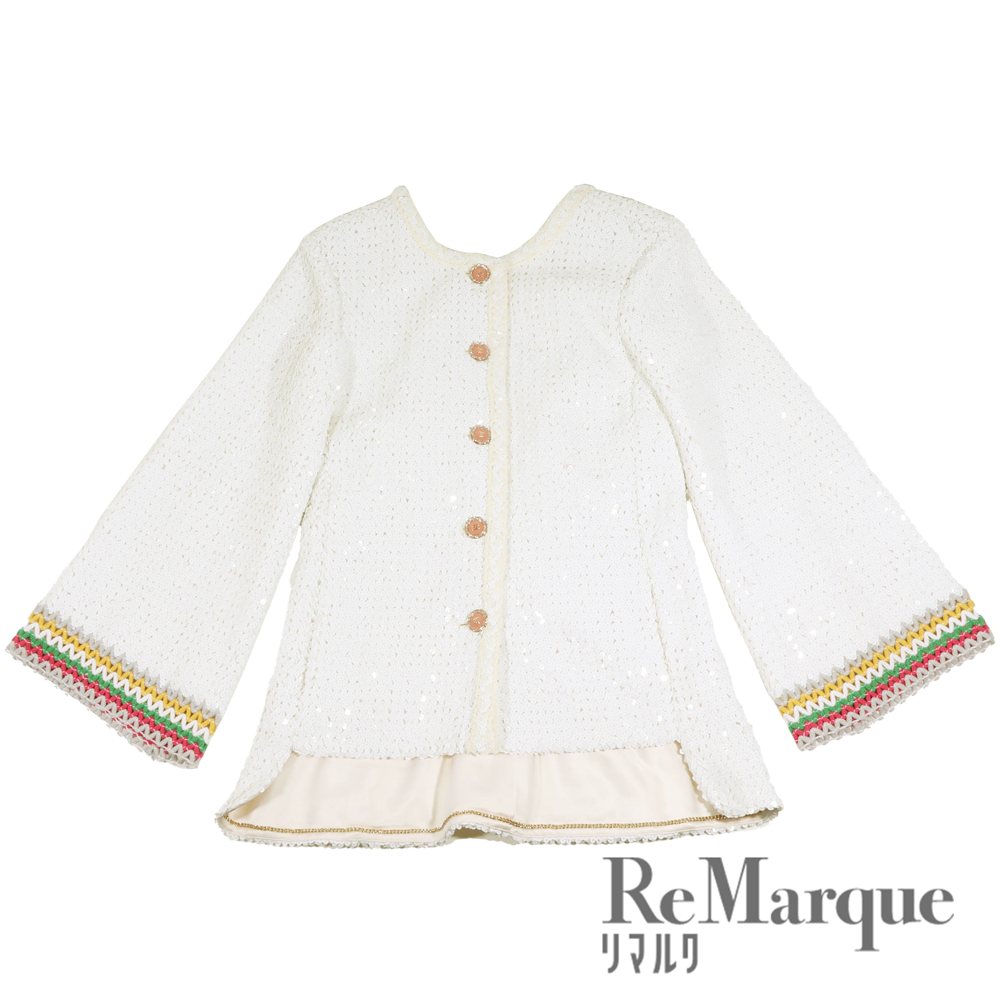 CHANEL(シャネル) 22SS スパンコール ノーカラージャケット コットン ホワイト マルチカラー 38サイズ P72556 レディース