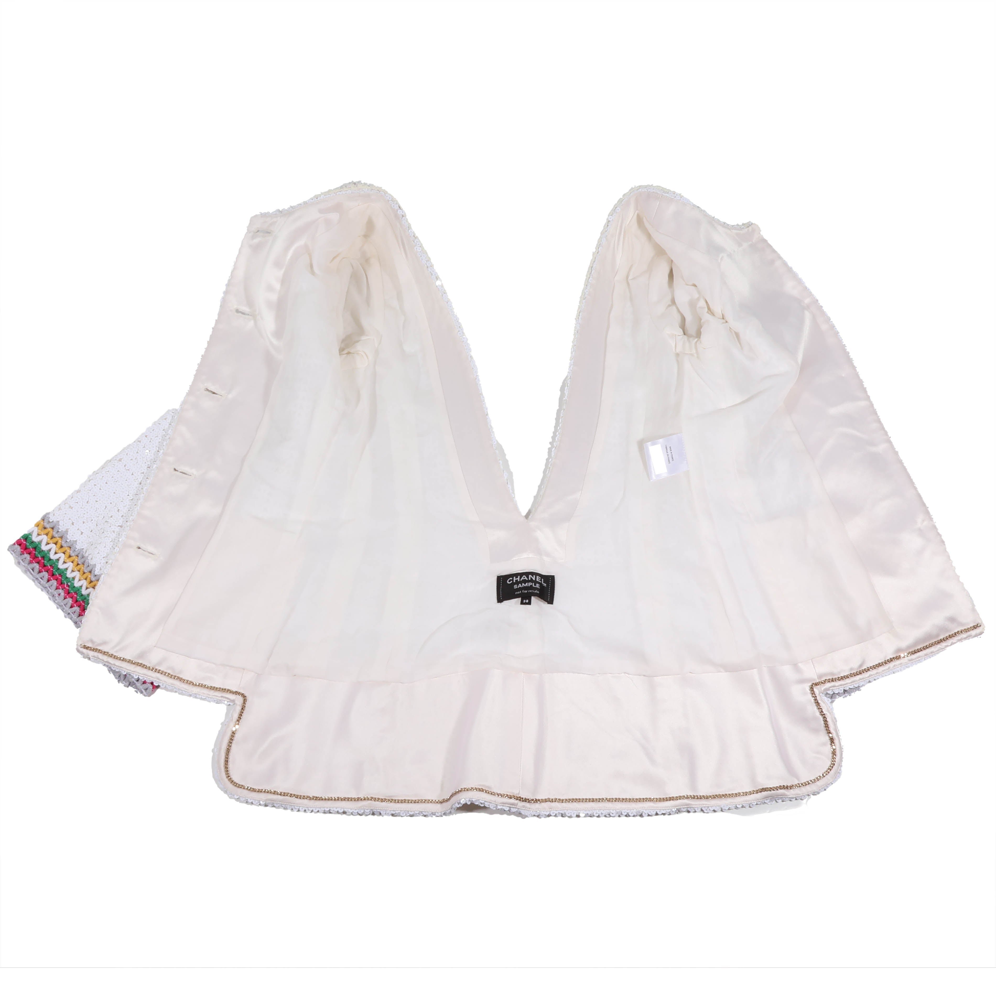 CHANEL(シャネル) 22SS スパンコール ノーカラージャケット コットン ホワイト マルチカラー 38サイズ P72556 レディース