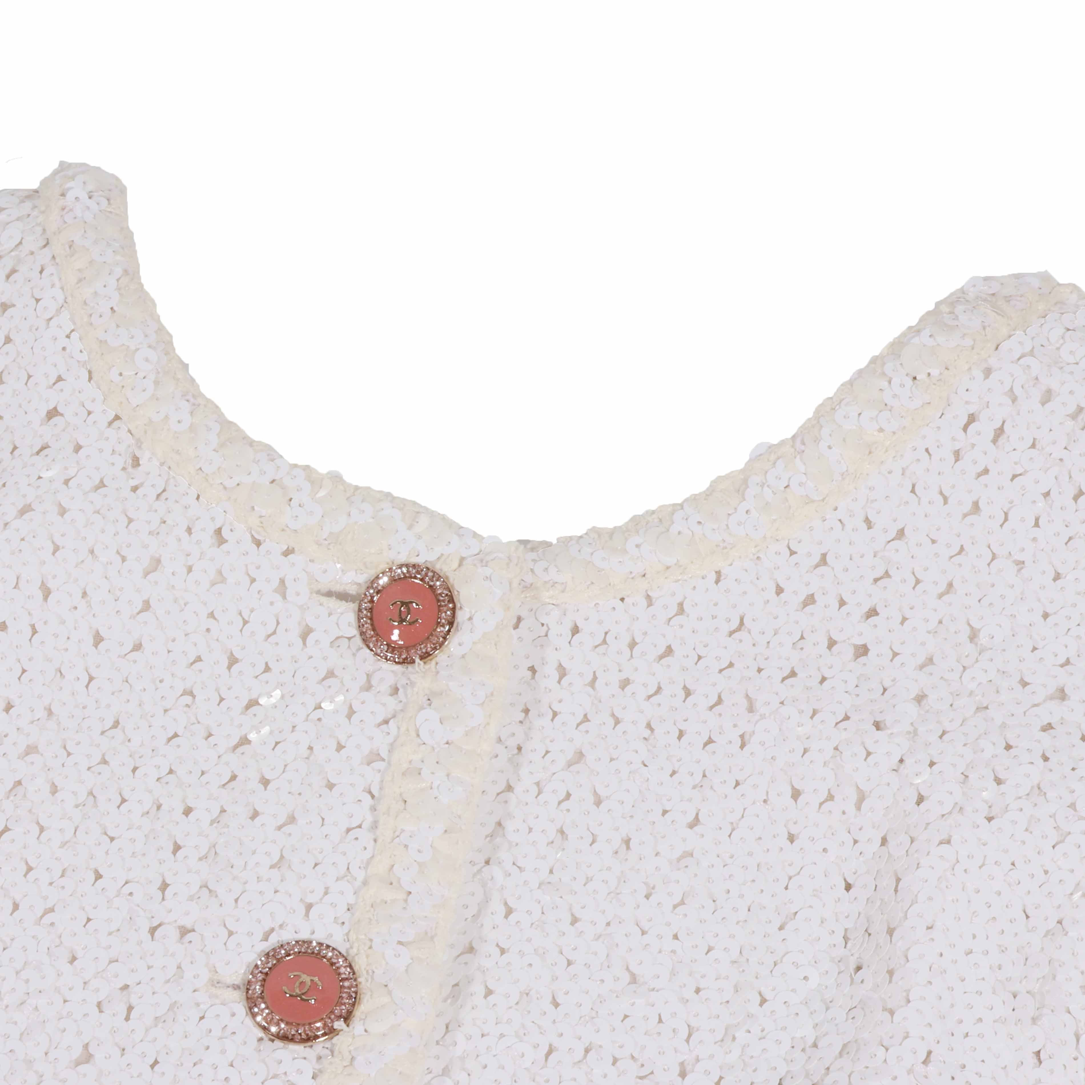 CHANEL(シャネル) 22SS スパンコール ノーカラージャケット コットン ホワイト マルチカラー 38サイズ P72556 レディース