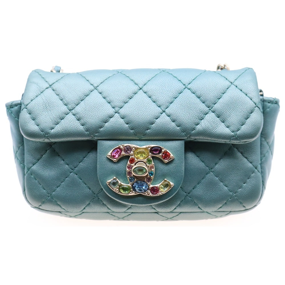 CHANEL(シャネル) ミニマトラッセ ビジューターンロック メタリック ラムスキン レザー チェーン ショルダーバッグ ライトグリーン レディース 14番台