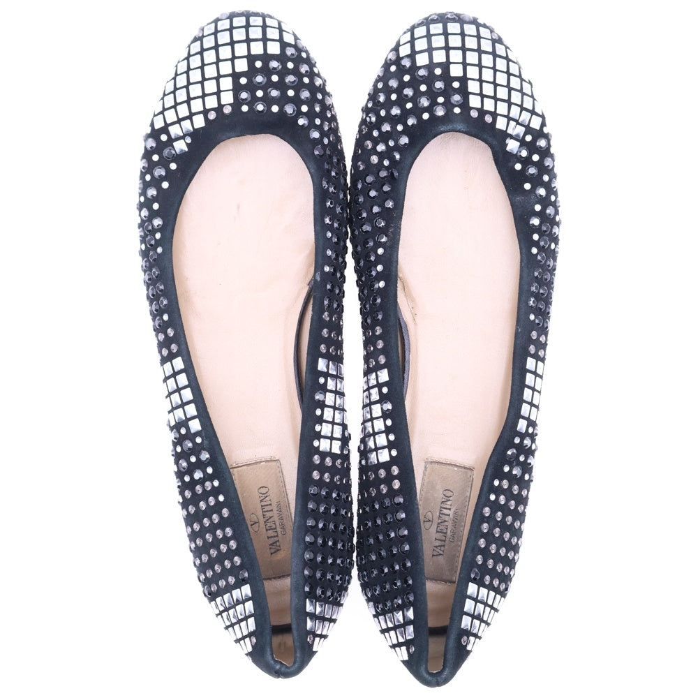 VALENTINO(ヴァレンティノ) ロックスタッズ ラインストーン スウェードレザー ローカット フラットシューズ ブラック/シルバー レディース