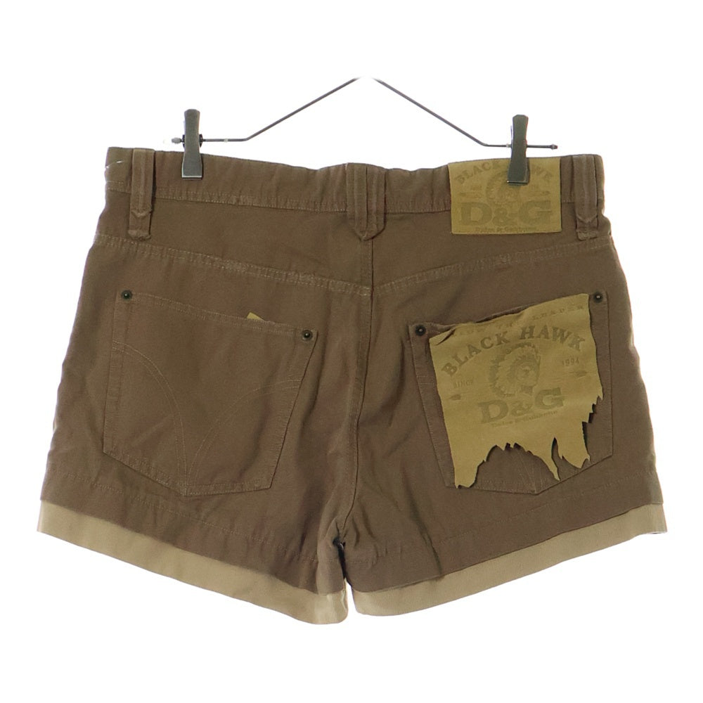 D&G(ディーアンドジー) レースアップデザイン インディアン レザーロゴパッチ コットン ハーフ ショートパンツ ショーツ ブラウン レディース RP0113/ST100