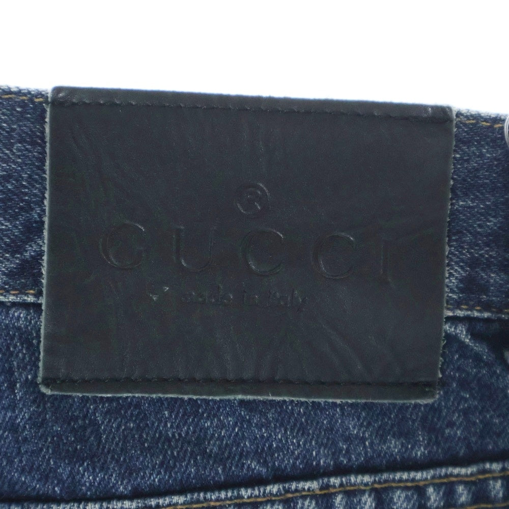 GUCCI(グッチ) レザーロゴパッチ ローライズ ジップフライ ストレートデニムパンツ ジーンズ インディゴ レディース