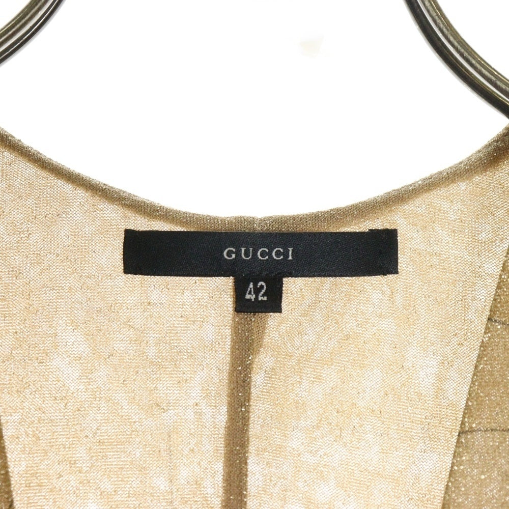 GUCCI(グッチ) タイガーブローチ 幾何学柄 ラメ ギャザー ロングスリーブ 長袖 ワンピース ゴールド レディース