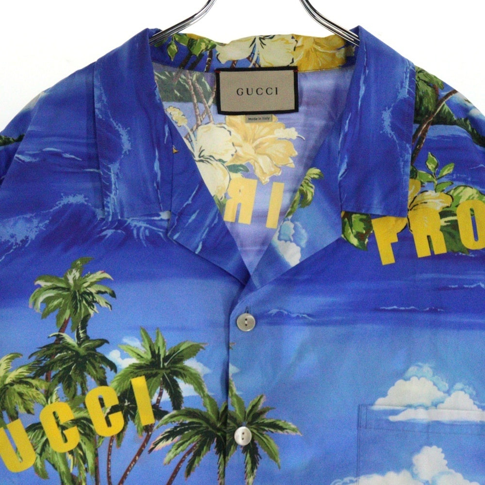 GUCCI(グッチ) 22AW Printed Poplin Bowling Shirt ロゴ ハワイアン プリント 総柄 ポプリン ボウリング オープンカラー 半袖 アロハ シャツ ブルー/イエロー 694124