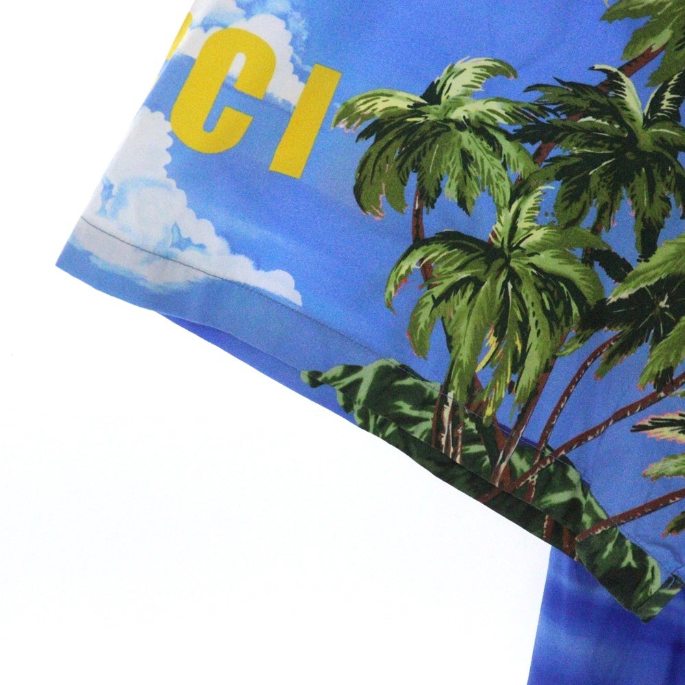 GUCCI(グッチ) 22AW Printed Poplin Bowling Shirt ロゴ ハワイアン プリント 総柄 ポプリン ボウリング オープンカラー 半袖 アロハ シャツ ブルー/イエロー 694124