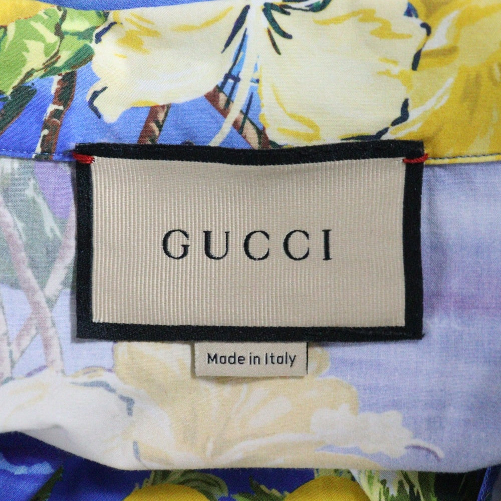GUCCI(グッチ) 22AW Printed Poplin Bowling Shirt ロゴ ハワイアン プリント 総柄 ポプリン ボウリング オープンカラー 半袖 アロハ シャツ ブルー/イエロー 694124