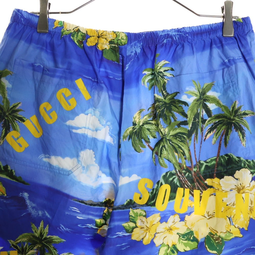 GUCCI(グッチ) 22AW Printed Poplin Short Pants ロゴ ハワイアン プリント 総柄 ポプリン ウエストゴム ハーフ ショートパンツ ショーツ ブルー/イエロー