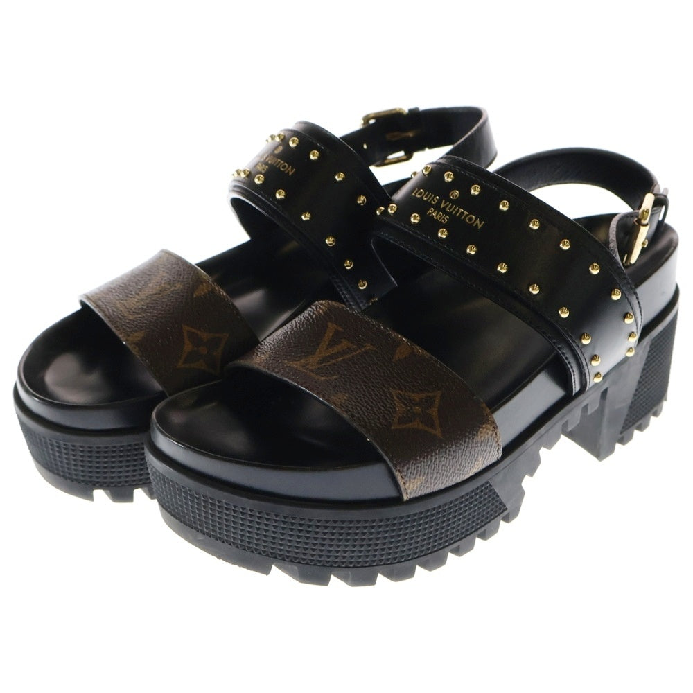 LOUIS VUITTON(ルイヴィトン) ローリエート ライン モノグラム スタッズ ロゴ PVC レザー プラットフォーム 厚底 ストラップサンダル シューズ ブラック/ブラウン レディース