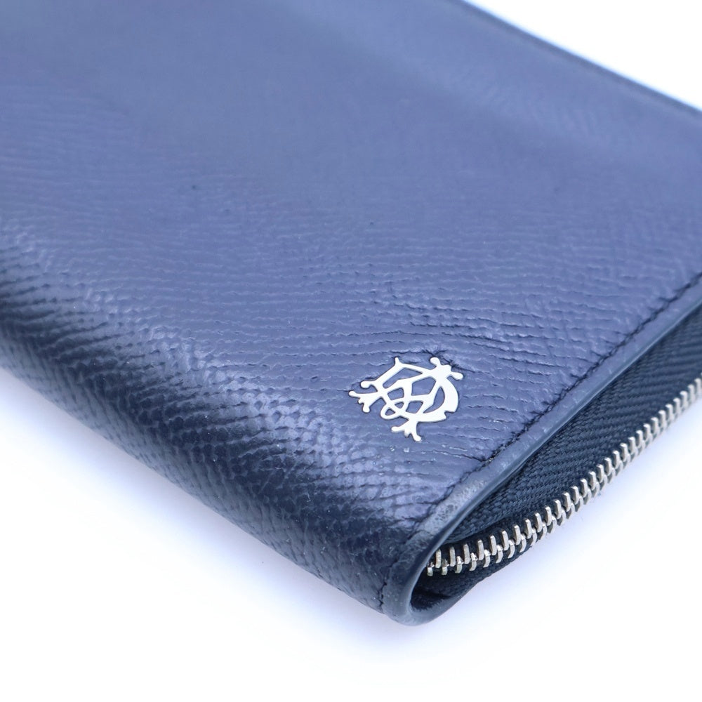 dunhill(ダンヒル) ロゴプレート レザー ラウンドファスナー コンパクトウォレット コインケース 財布 シルバー金具 ネイビー