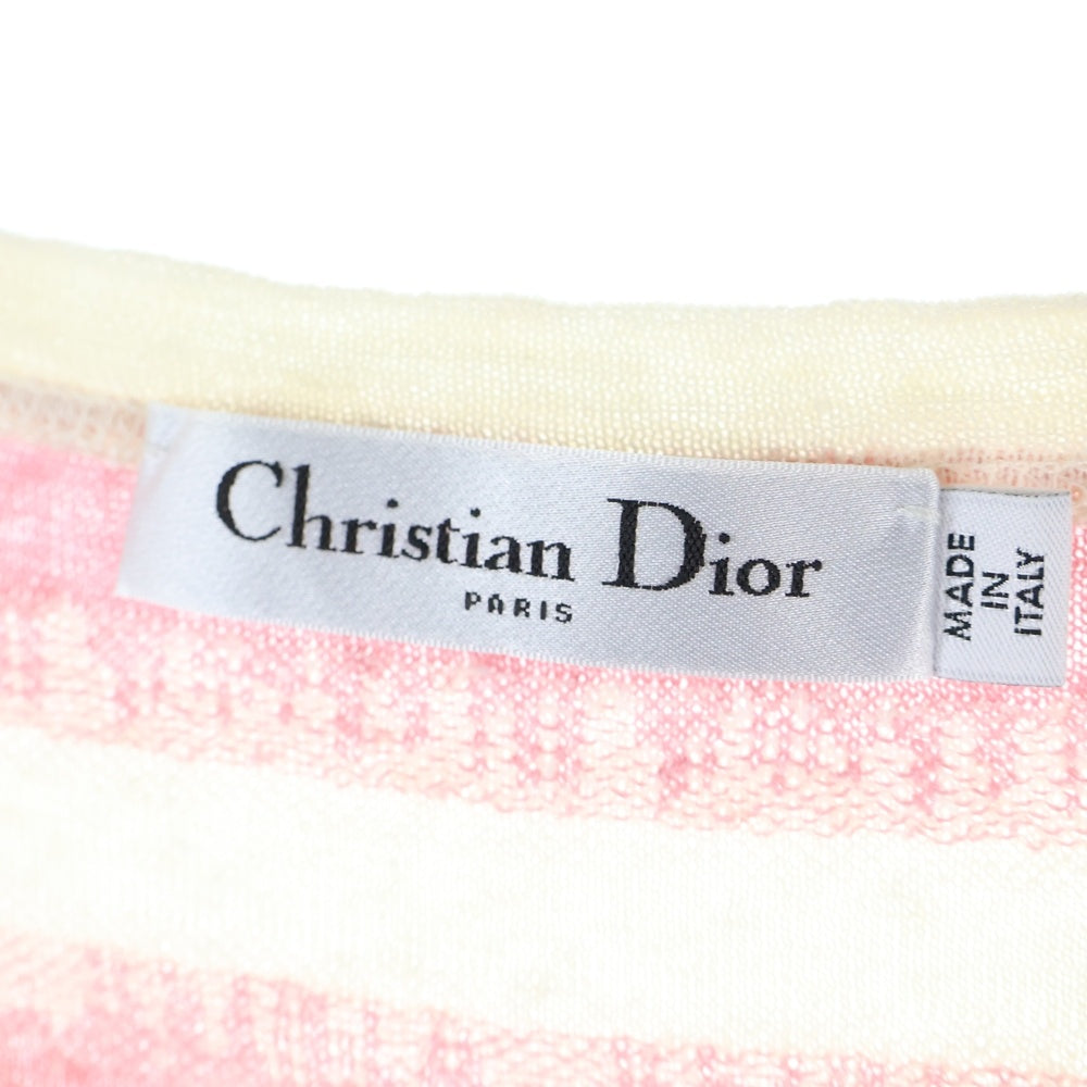 Christian Dior(クリスチャンディオール) BEE CD ロゴ 刺繍 ボーダー総柄 クルーネック 半袖ニット カットソー ピンク/ホワイト レディース 124S02AM760