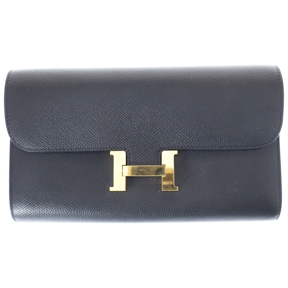 HERMES(エルメス) コンスタンストゥーゴー エプソン ショルダーレザーロングウォレット 長財布 ブラック GD金具 W刻印