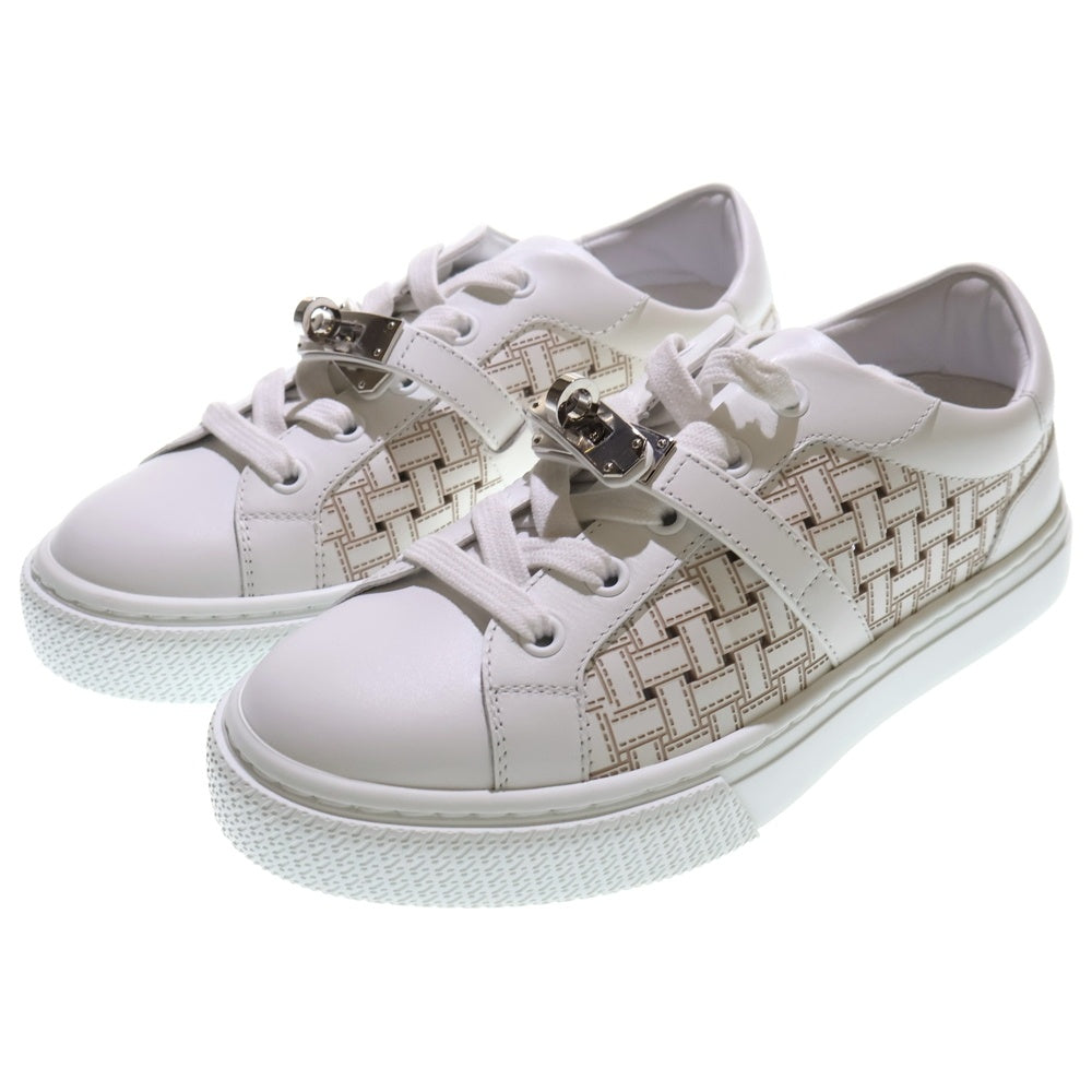 HERMES(エルメス) デイ ケリー イントレチャート バックル レザー レースアップ ローカットシューズ スニーカー シルバー金具 ホワイト レディース