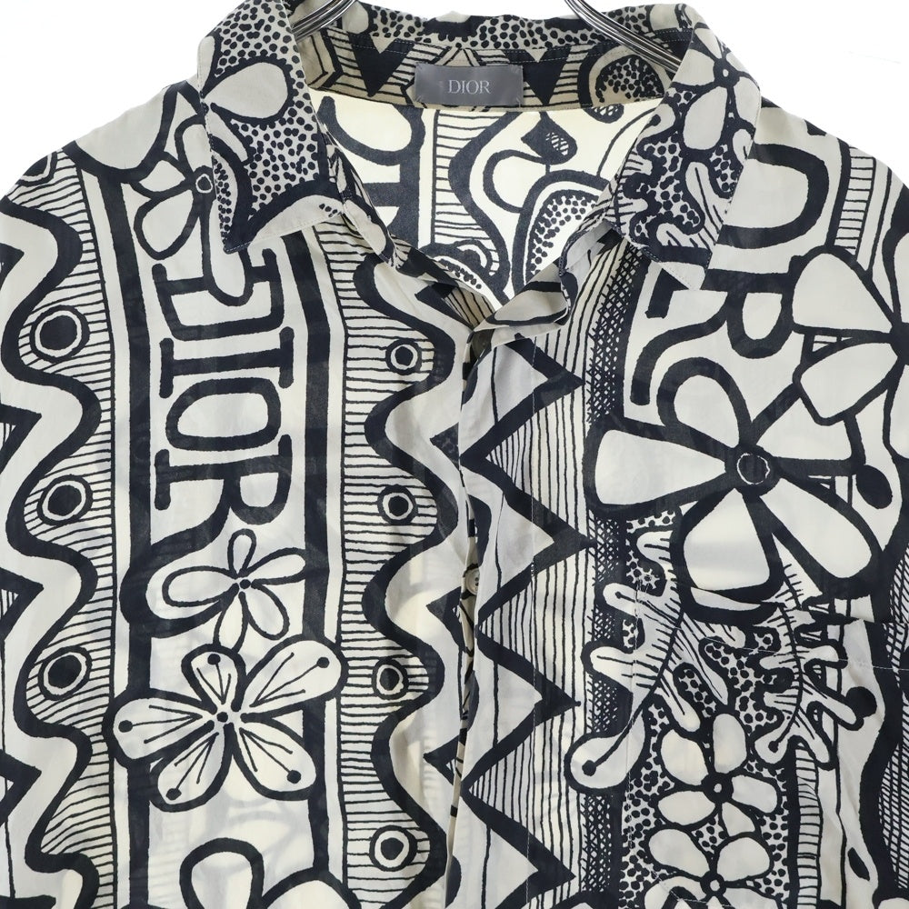 Dior HOMME(ディオールオム) 20AW×Shawn Stussy ショーンステューシーコラボ Floral Logo Print Silk S/S Shirt フラワーロゴプリントシルク半袖シャツ ホワイト/ネイビー 033C508A4945