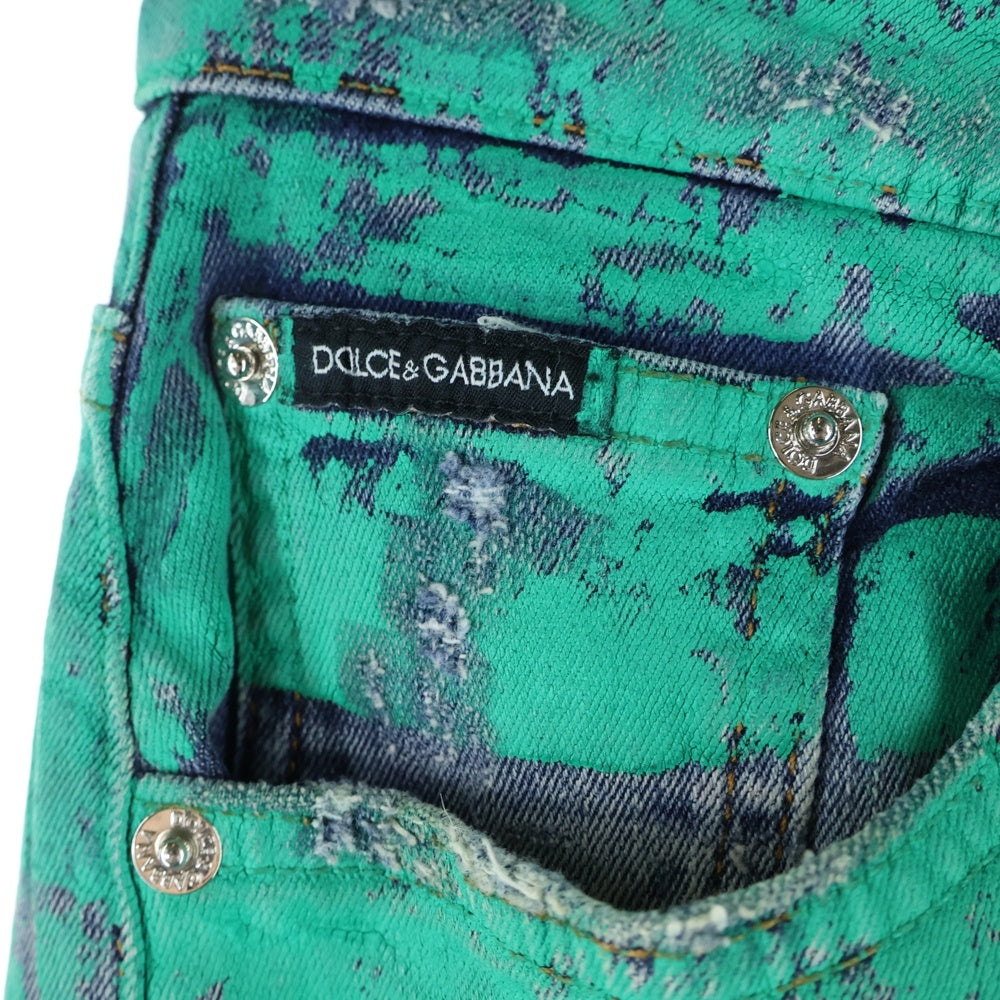 DOLCE & GABBANA(ドルチェアンドガッバーナ) ロゴプレート ダメージ加工 コーティング テーパード デニムパンツ ジーンズ グリーン/インディゴ FTAIAD/G8E7 I