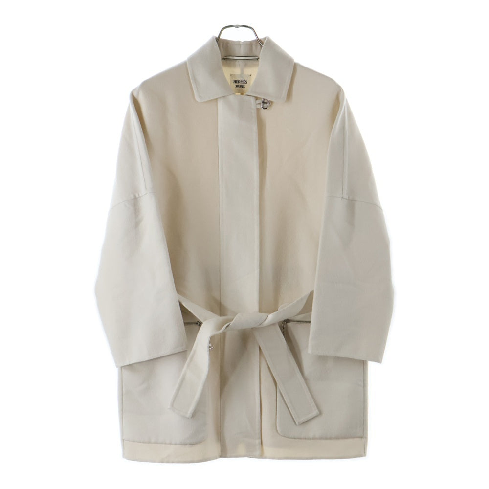 HERMES(エルメス) 23SS シェーヌダンクル カシミヤ ジップアップ ステンカラー コート シルバー金具 ベージュ レディース 3E0125DA