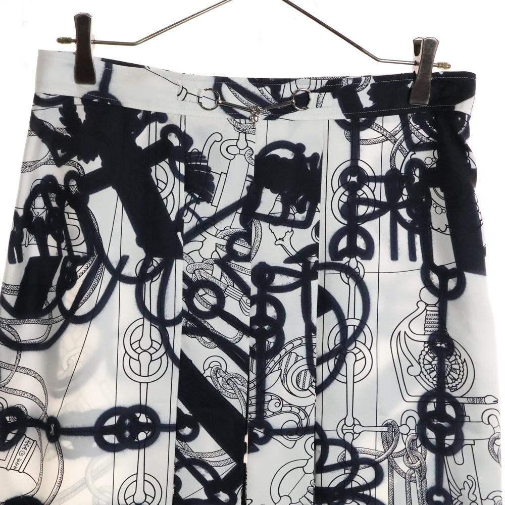 HERMES(エルメス) 22SS ツイルレーヌ ホースビット シルク 総柄プリント プリーツ ミディアムスカート ホワイト/ブラック レディース 2E0305DW