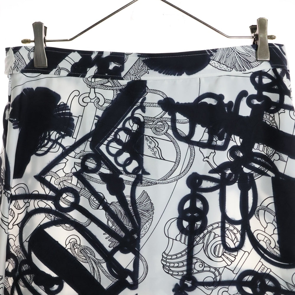 HERMES(エルメス) 22SS ツイルレーヌ ホースビット シルク 総柄プリント プリーツ ミディアムスカート ホワイト/ブラック レディース 2E0305DW