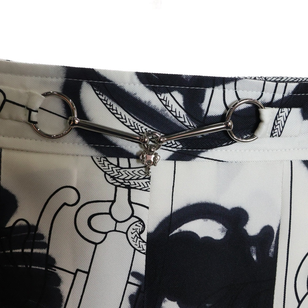 HERMES(エルメス) 22SS ツイルレーヌ ホースビット シルク 総柄プリント プリーツ ミディアムスカート ホワイト/ブラック レディース 2E0305DW