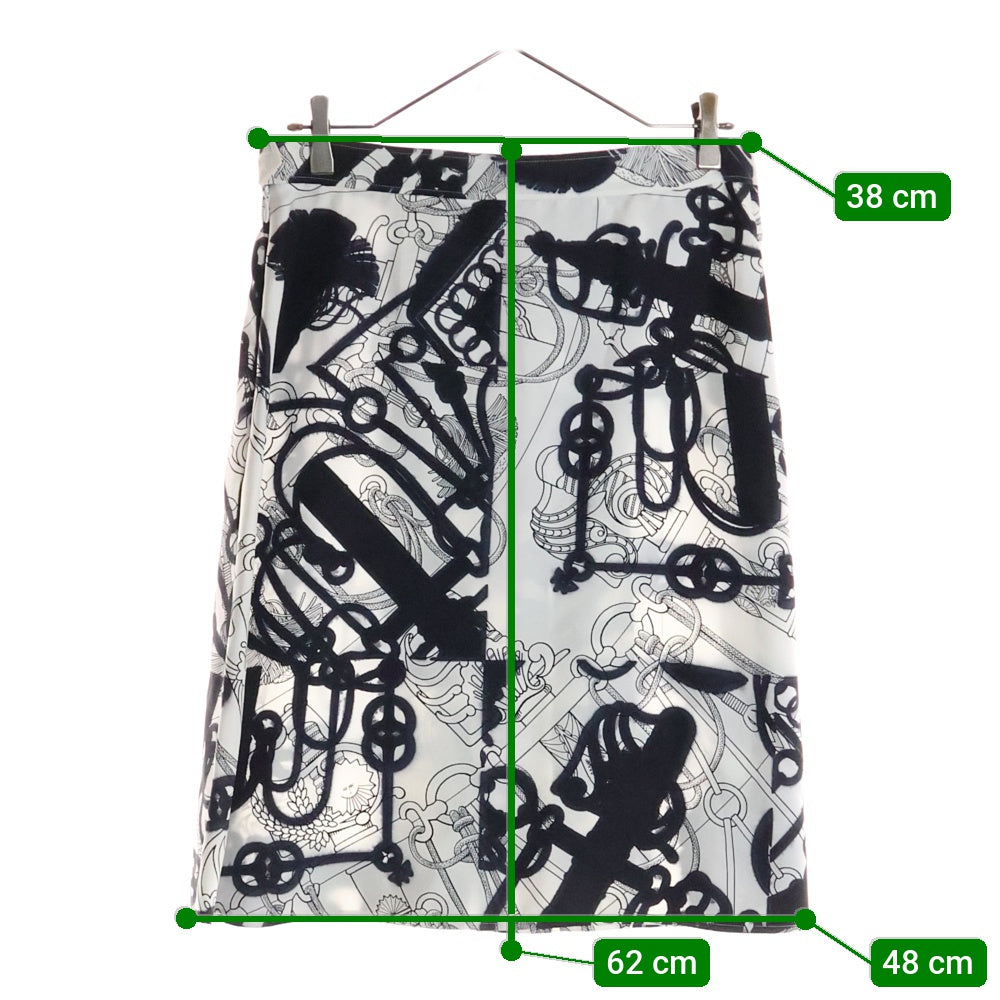 HERMES(エルメス) 22SS ツイルレーヌ ホースビット シルク 総柄プリント プリーツ ミディアムスカート ホワイト/ブラック レディース 2E0305DW