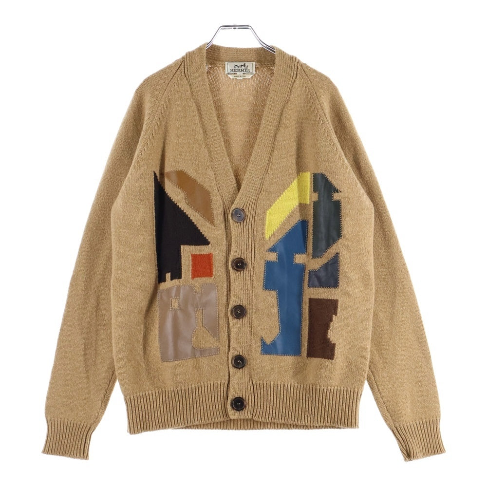 HERMES(エルメス) カシミヤ マルチカラー レザーパッチ ニット 長袖カーディガン ブラウン