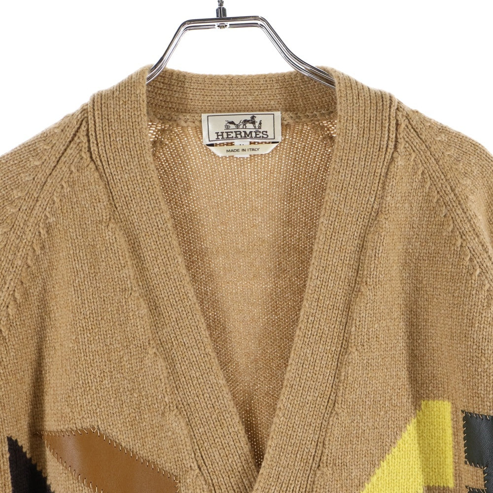 HERMES(エルメス) カシミヤ マルチカラー レザーパッチ ニット 長袖カーディガン ブラウン