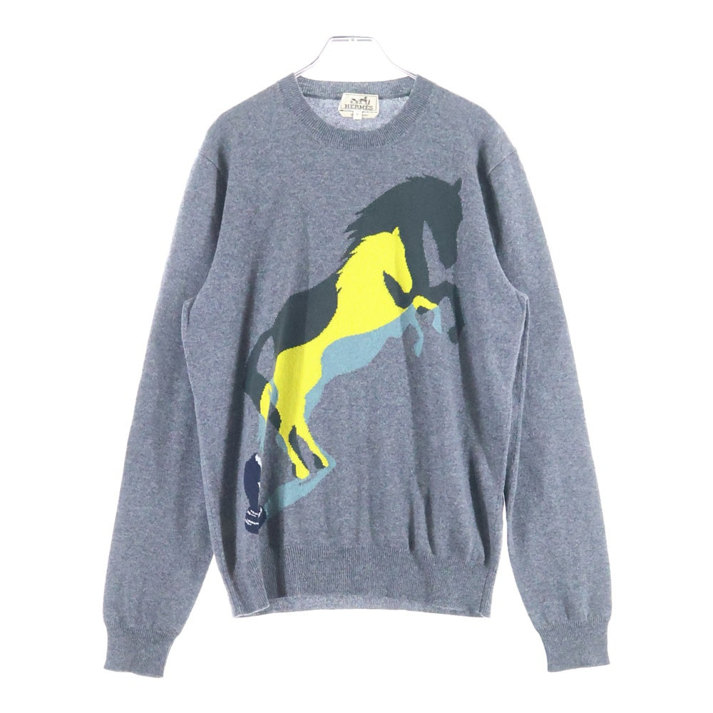 HERMES(エルメス) Chess and Shadow チェス アンド シャドウ 馬 ジャガード カシミヤ クルーネック プルオーバー 長袖ニット セーター グレー