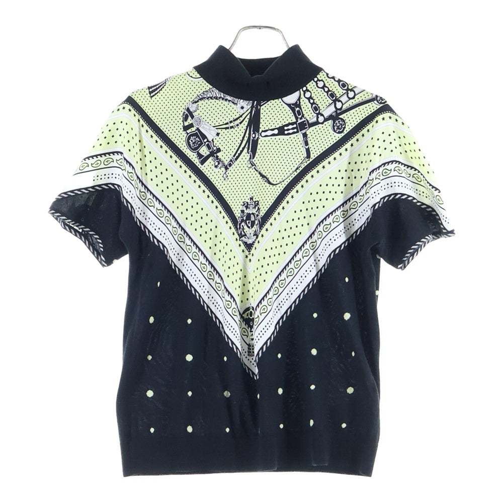 HERMES(エルメス) 22AW ツイルレーヌ シルクスカーフ切り替え タートルネック 半袖 カシミヤ ニット セーター ブラック/イエロー レディース 2H2826DS