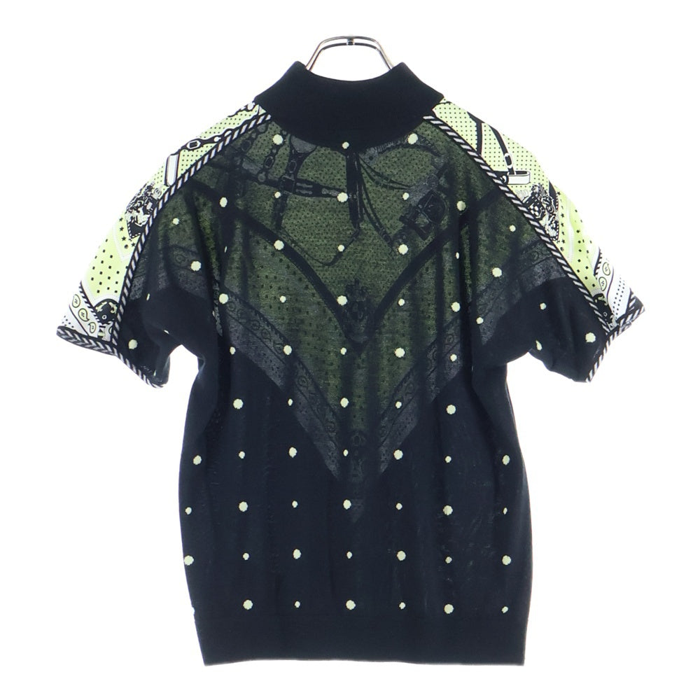 HERMES(エルメス) 22AW ツイルレーヌ シルクスカーフ切り替え タートルネック 半袖 カシミヤ ニット セーター ブラック/イエロー レディース 2H2826DS