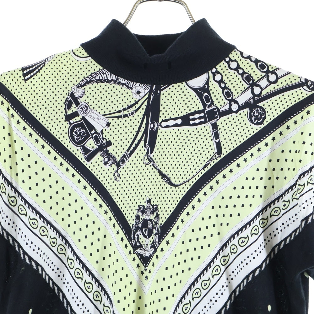 HERMES(エルメス) 22AW ツイルレーヌ シルクスカーフ切り替え タートルネック 半袖 カシミヤ ニット セーター ブラック/イエロー レディース 2H2826DS