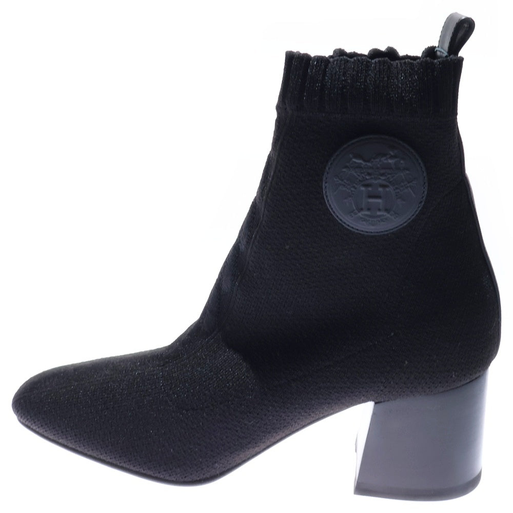 HERMES(エルメス) JENNA 60 ジェナ エクスリブリス レザーパッチ ヒール ニット ショートブーツ ブラック レディース