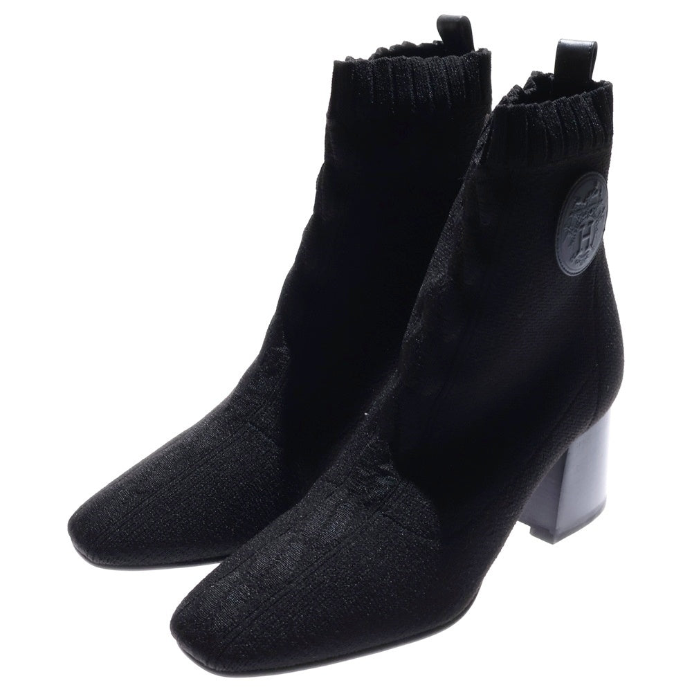HERMES(エルメス) JENNA 60 ジェナ エクスリブリス レザーパッチ ヒール ニット ショートブーツ ブラック レディース