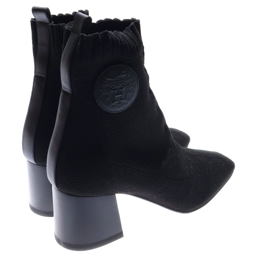 HERMES(エルメス) JENNA 60 ジェナ エクスリブリス レザーパッチ ヒール ニット ショートブーツ ブラック レディース