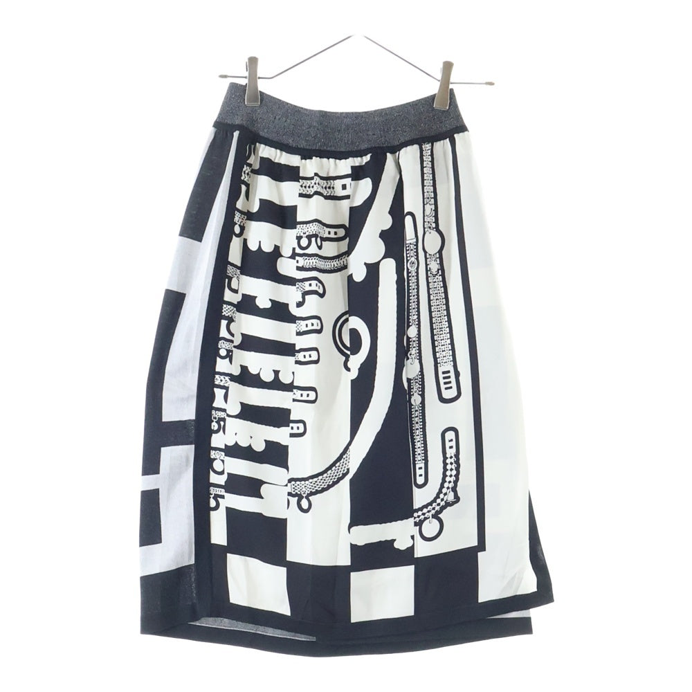 HERMES(エルメス) Le Tresorde Medor Rayure Twilen ツイルレーヌ総柄ニット切替シルクスカート ホワイト/ブラック 2H2836D5