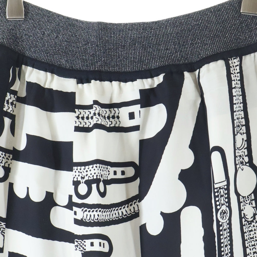 HERMES(エルメス) Le Tresorde Medor Rayure Twilen ツイルレーヌ総柄ニット切替シルクスカート ホワイト/ブラック 2H2836D5