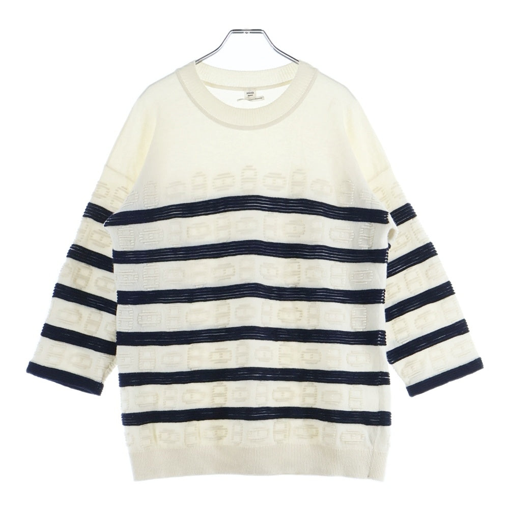 HERMES(エルメス) シェーヌ総柄コットン混カシミヤ7分丈ニットセーター アイボリー 3E2624D