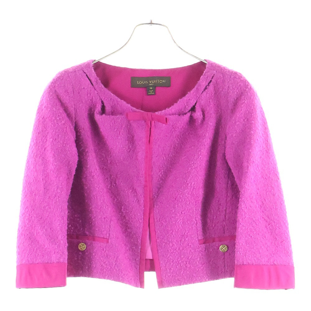 LOUIS VUITTON(ルイヴィトン) 06AW モノグラム ゴールドボタン モヘア混 ウールツイード ノーカラー ショート クロップド ジャケット ピンク レディース RW062A WJJA19WPP