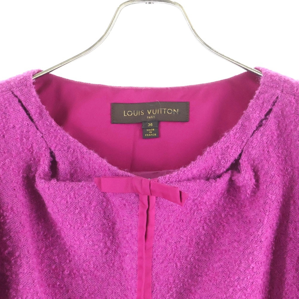 LOUIS VUITTON(ルイヴィトン) 06AW モノグラム ゴールドボタン モヘア混 ウールツイード ノーカラー ショート クロップド ジャケット ピンク レディース RW062A WJJA19WPP