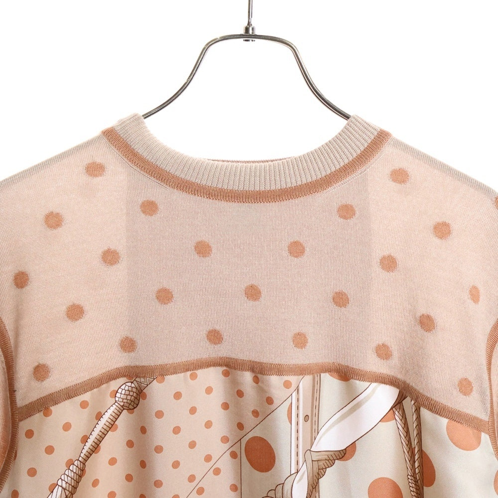 HERMES(エルメス) ツイルレーヌ ドット柄シルクスカーフ切り替え カシミヤ クルーネック 長袖ニット ワンピース ベージュ レディース