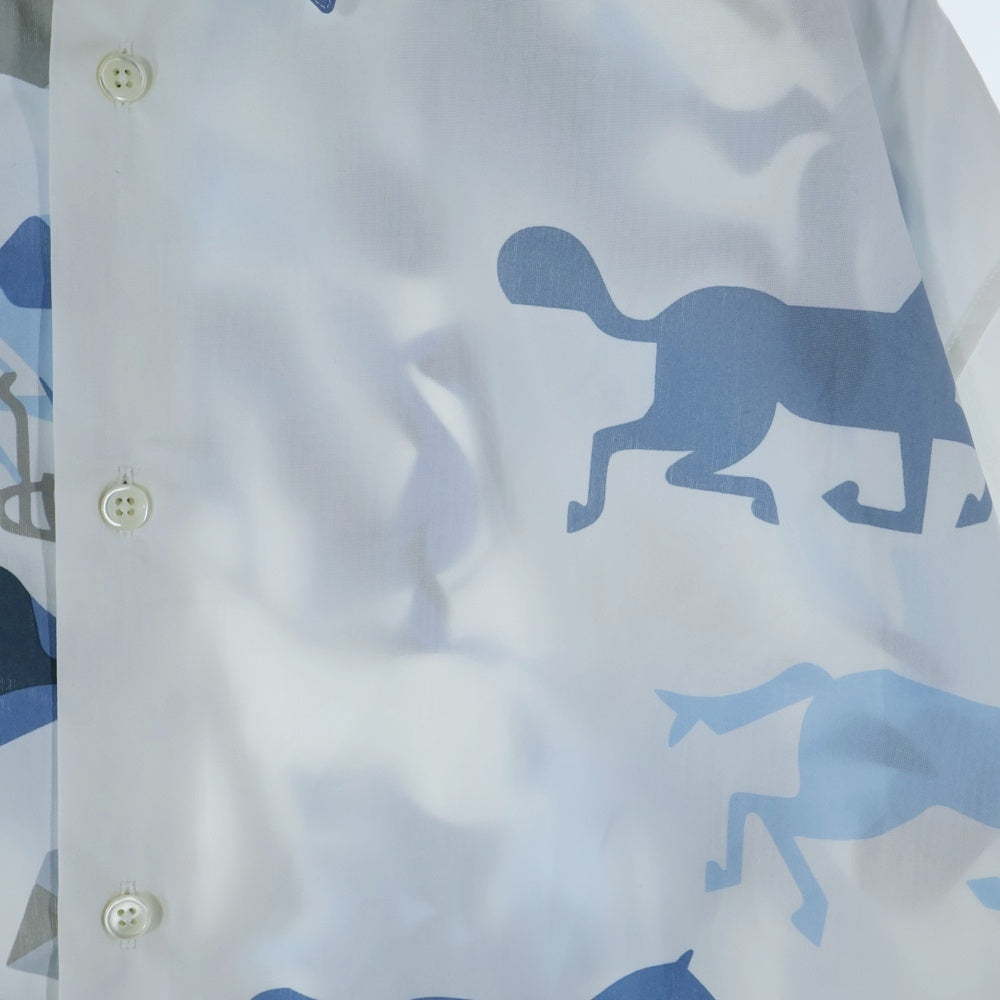 HERMES(エルメス) 23SS セリエボタン ホースカモフラ総柄シルク長袖シャツ ブルー/ホワイト