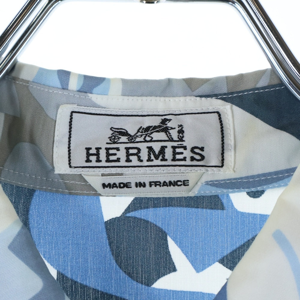 HERMES(エルメス) 23SS セリエボタン ホースカモフラ総柄シルク長袖シャツ ブルー/ホワイト